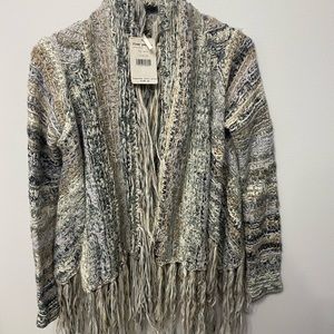 Free People Boho Cardigan Fringe Sky Grey Chunky Sweater Size XS NWT